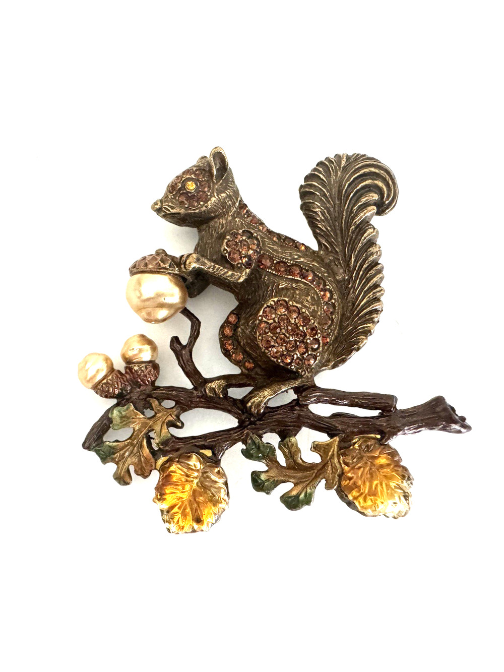 Sweet Romance USA Squirrel Harvest Pin Crystal Rhinestone Bronze-Tone Metal Pin